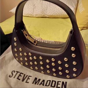 Steve Madden Black Leather Studded Shoulder Bag with Gold Hardware
